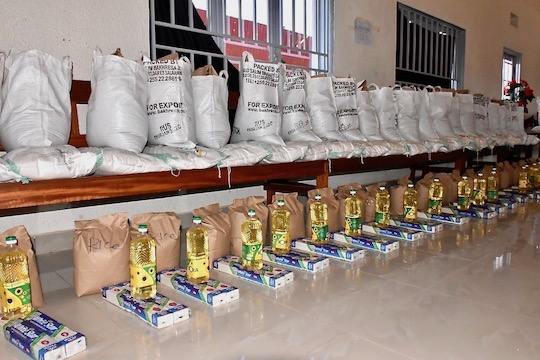 Gasabo diocese - bags of rice, flour, sugar beans and oil.