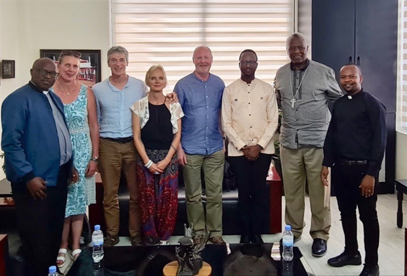 DT Team meeting with Archbishop Laurent Mbanda (2nd from right) and senior staff Stephen (3rd from right) and Alex (far right), along with Archdeacon Samuel (far left)