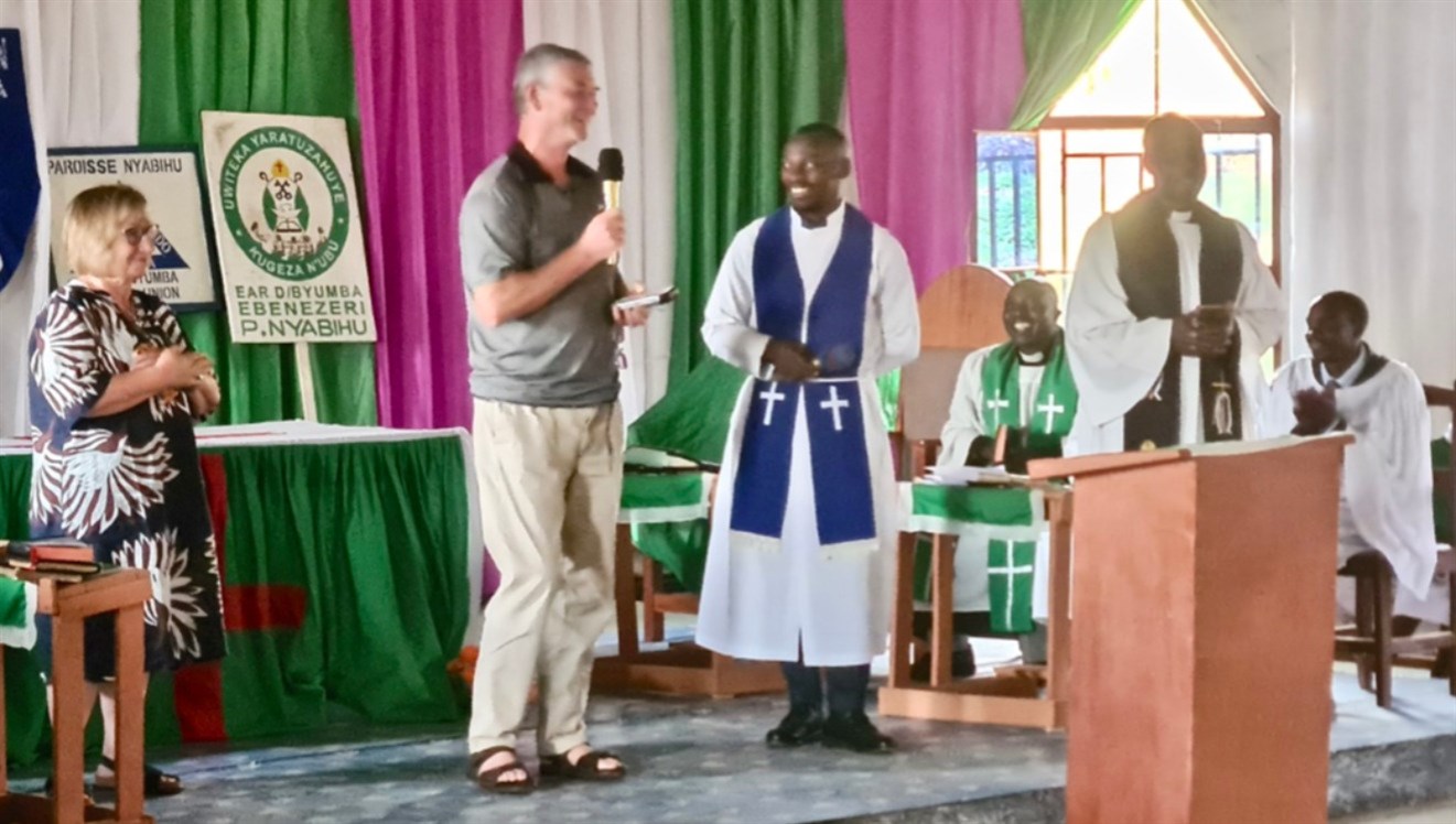 Introducing Robin and Hilary at the Sunday service in Nyabihu parish in the diocese of Byumba.